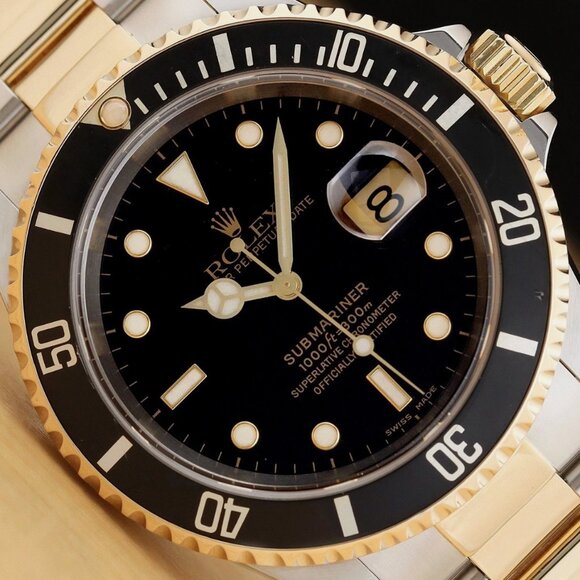 ROLEX SUBMARINER DATE 40MM 18K YELLOW GOLD STEEL 2-TONE BLACK WATCH - Picture 1 of 11